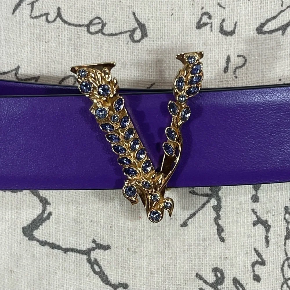 VERSACE Virtus Crystal Buckle Leather Belt - Purple gold tone logo plaque